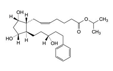 Latanoprost API (C₂₆H₄₀O₅), a colorless to slightly yellow oily prostaglandin F2α analog used as an active pharmaceutical ingredient in glaucoma eye drops.