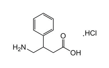 Structural formula of Phenibut Hydrochloride showing a phenyl ring attached to a four-carbon chain with an amino group and a carboxylic acid, labeled “.HCl”.